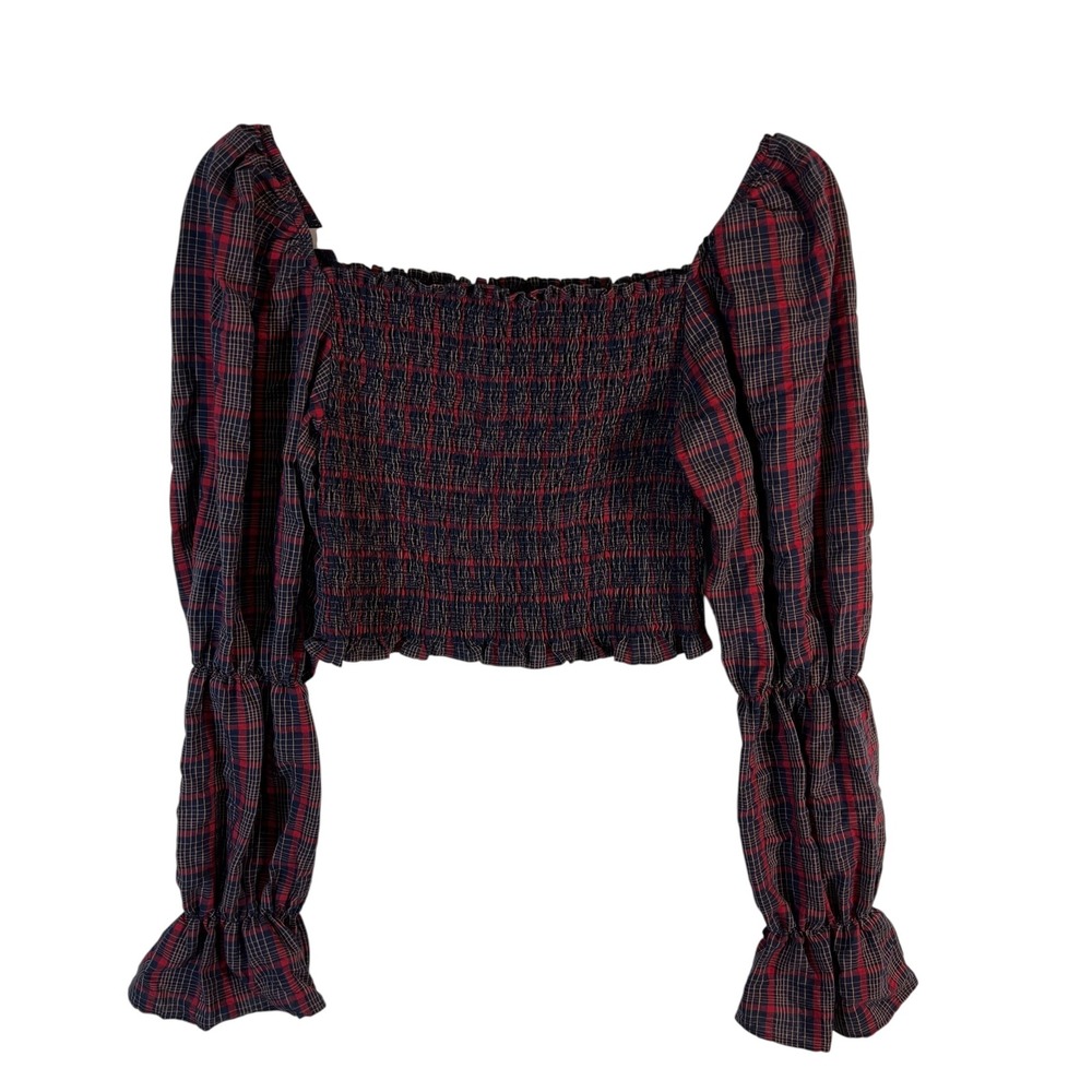 Zara Red Navy Plaid Smocked Crop Top Long Puff Sleeve Ruffle Hem Size M Milkmaid